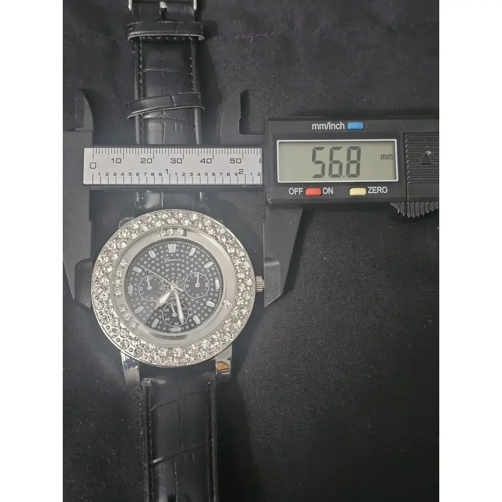 56.8mm silver crystal bezel Fashion Analog Quartz watch w/Genuine Leather Band